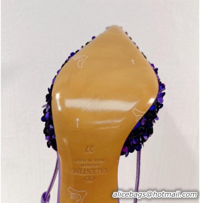 Best Quality Valentino Crystal VLogo Slingbacks Pumps in Shiny Sequins Purple 330057