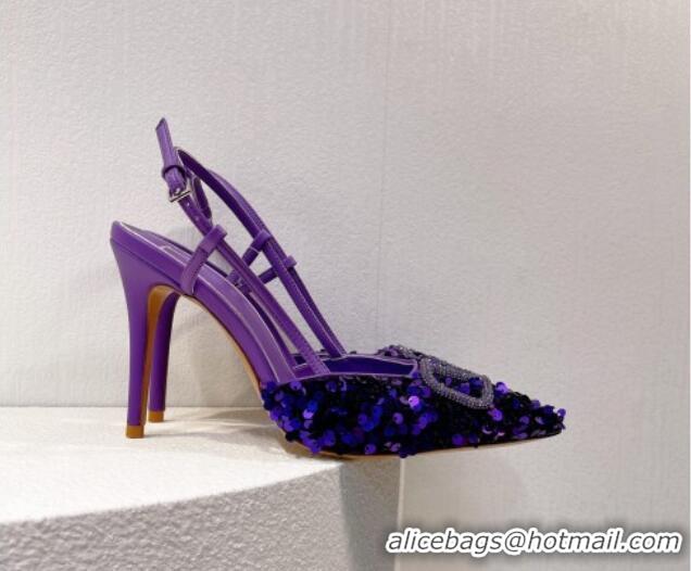 Best Quality Valentino Crystal VLogo Slingbacks Pumps in Shiny Sequins Purple 330057