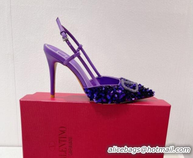 Best Quality Valentino Crystal VLogo Slingbacks Pumps in Shiny Sequins Purple 330057