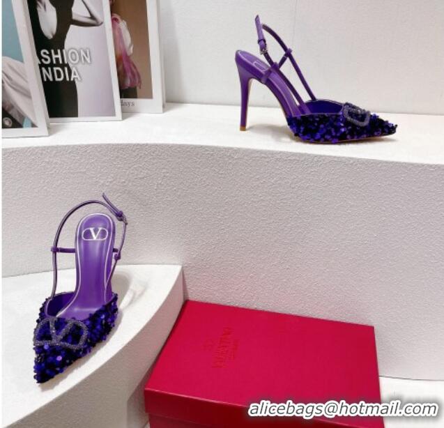 Best Quality Valentino Crystal VLogo Slingbacks Pumps in Shiny Sequins Purple 330057