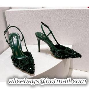 Best Price Valentino Crystal VLogo Slingbacks Pumps in Shiny Sequins Green 330058