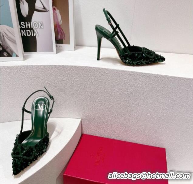 Best Price Valentino Crystal VLogo Slingbacks Pumps in Shiny Sequins Green 330058