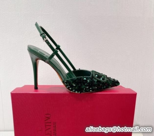 Best Price Valentino Crystal VLogo Slingbacks Pumps in Shiny Sequins Green 330058