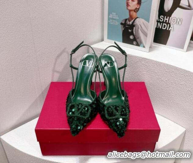 Best Price Valentino Crystal VLogo Slingbacks Pumps in Shiny Sequins Green 330058