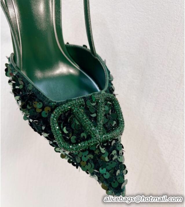 Best Price Valentino Crystal VLogo Slingbacks Pumps in Shiny Sequins Green 330058