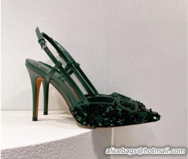 Best Price Valentino Crystal VLogo Slingbacks Pumps in Shiny Sequins Green 330058