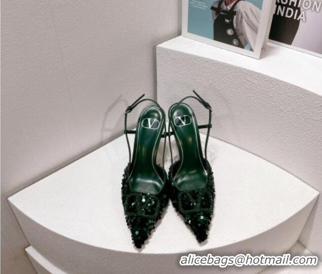 Best Price Valentino Crystal VLogo Slingbacks Pumps in Shiny Sequins Green 330058