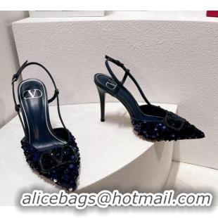 Classic Practical Valentino Crystal VLogo Slingbacks Pumps in Shiny Sequins Royal Blue 330059