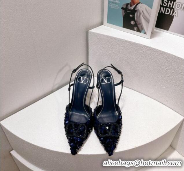 Classic Practical Valentino Crystal VLogo Slingbacks Pumps in Shiny Sequins Royal Blue 330059