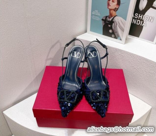 Classic Practical Valentino Crystal VLogo Slingbacks Pumps in Shiny Sequins Royal Blue 330059