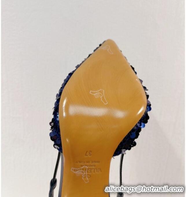 Classic Practical Valentino Crystal VLogo Slingbacks Pumps in Shiny Sequins Royal Blue 330059