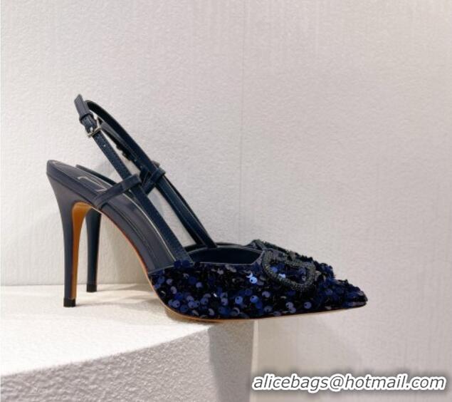 Classic Practical Valentino Crystal VLogo Slingbacks Pumps in Shiny Sequins Royal Blue 330059