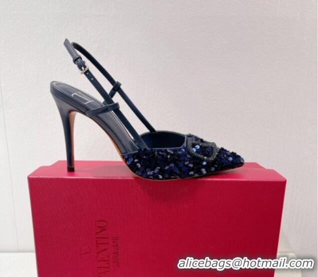 Classic Practical Valentino Crystal VLogo Slingbacks Pumps in Shiny Sequins Royal Blue 330059