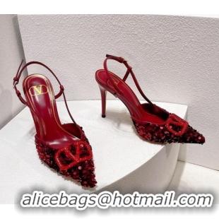 New Style Valentino Crystal VLogo Slingbacks Pumps in Shiny Sequins Dark Red 330060