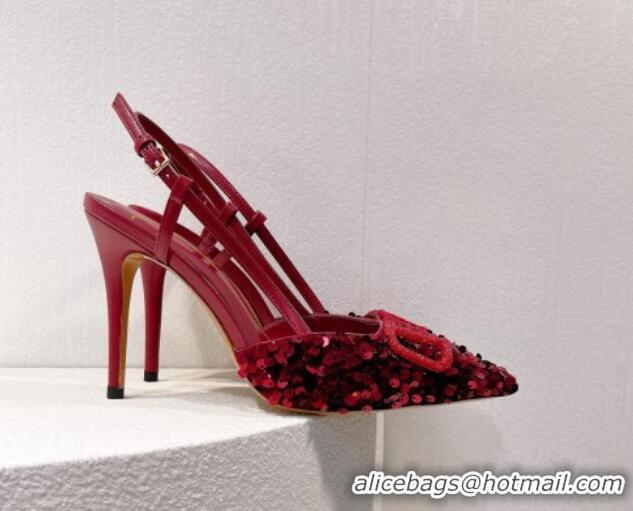 New Style Valentino Crystal VLogo Slingbacks Pumps in Shiny Sequins Dark Red 330060