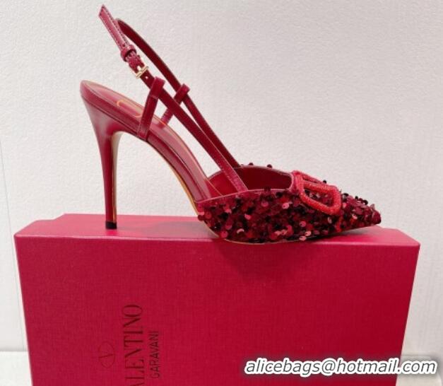 New Style Valentino Crystal VLogo Slingbacks Pumps in Shiny Sequins Dark Red 330060