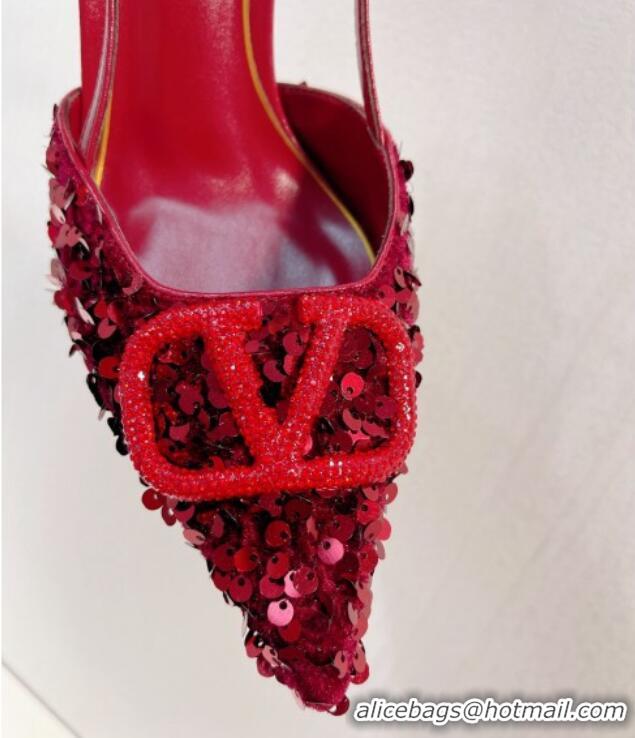 New Style Valentino Crystal VLogo Slingbacks Pumps in Shiny Sequins Dark Red 330060