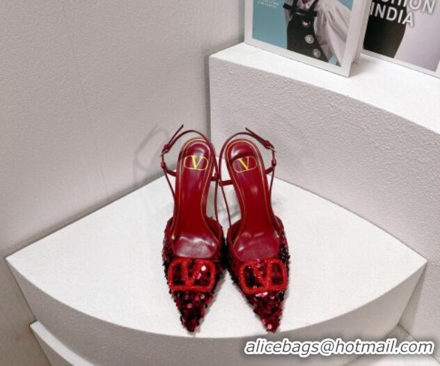 New Style Valentino Crystal VLogo Slingbacks Pumps in Shiny Sequins Dark Red 330060