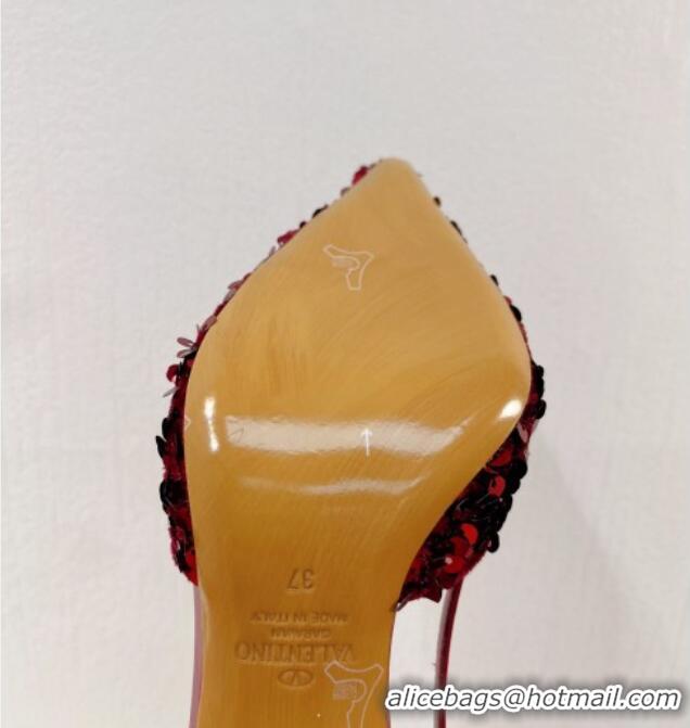 New Style Valentino Crystal VLogo Slingbacks Pumps in Shiny Sequins Dark Red 330060