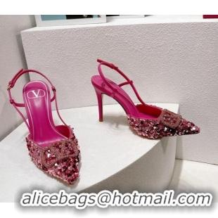 Luxurious Valentino Crystal VLogo Slingbacks Pumps in Shiny Sequins Light Pink 330061