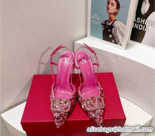 Luxurious Valentino Crystal VLogo Slingbacks Pumps in Shiny Sequins Light Pink 330061