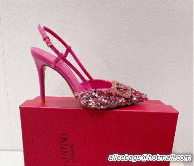 Luxurious Valentino Crystal VLogo Slingbacks Pumps in Shiny Sequins Light Pink 330061