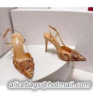 Top Grade Valentino Crystal VLogo Slingbacks Pumps in Shiny Sequins Gold 330062