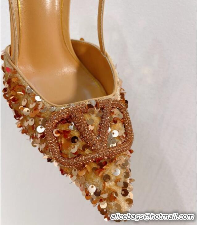 Top Grade Valentino Crystal VLogo Slingbacks Pumps in Shiny Sequins Gold 330062