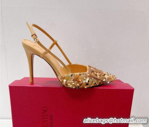 Top Grade Valentino Crystal VLogo Slingbacks Pumps in Shiny Sequins Gold 330062