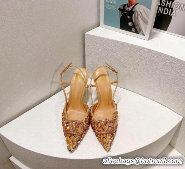 Top Grade Valentino Crystal VLogo Slingbacks Pumps in Shiny Sequins Gold 330062