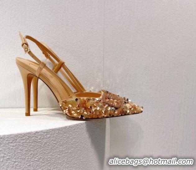 Top Grade Valentino Crystal VLogo Slingbacks Pumps in Shiny Sequins Gold 330062