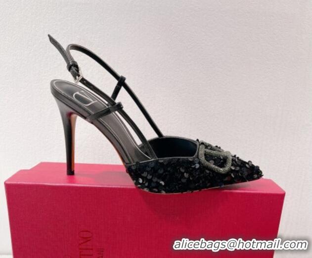 Perfect Valentino Crystal VLogo Slingbacks Pumps in Shiny Sequins Black 330063