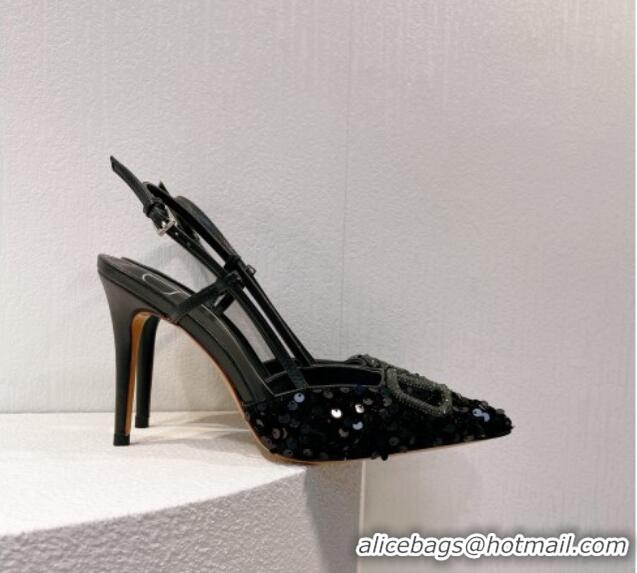 Perfect Valentino Crystal VLogo Slingbacks Pumps in Shiny Sequins Black 330063