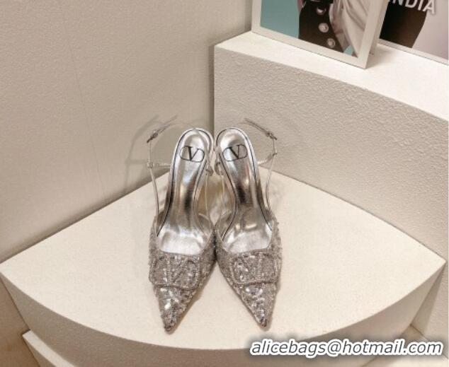 Luxury Valentino Crystal VLogo Slingbacks Pumps in Shiny Sequins Silver 330064