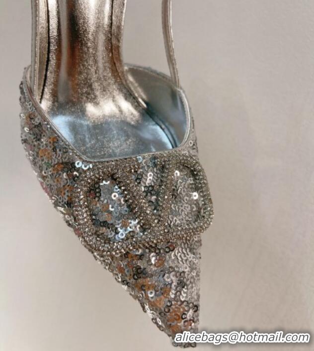 Luxury Valentino Crystal VLogo Slingbacks Pumps in Shiny Sequins Silver 330064