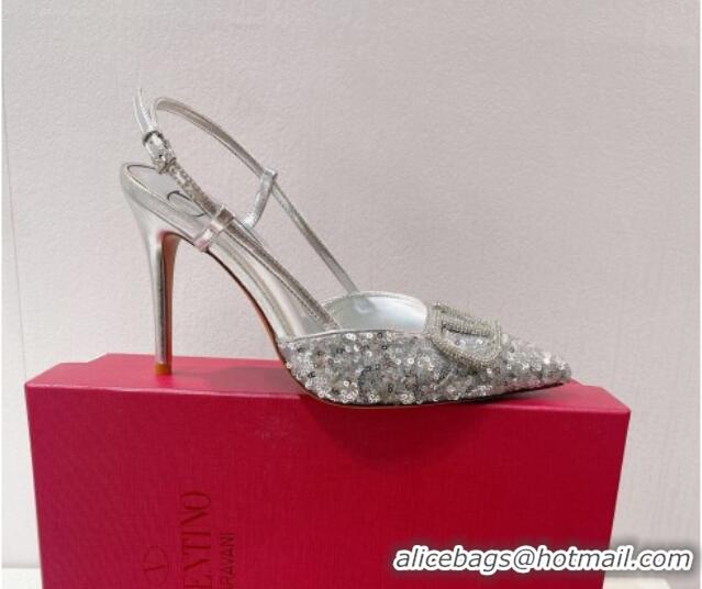 Luxury Valentino Crystal VLogo Slingbacks Pumps in Shiny Sequins Silver 330064