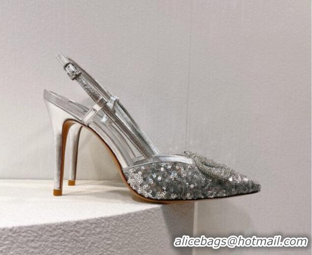 Luxury Valentino Crystal VLogo Slingbacks Pumps in Shiny Sequins Silver 330064