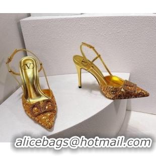 Top Quality Valentino Crystal VLogo Slingbacks Pumps in Shiny Sequins Gold 330065