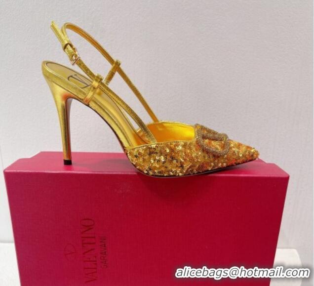 Top Quality Valentino Crystal VLogo Slingbacks Pumps in Shiny Sequins Gold 330065