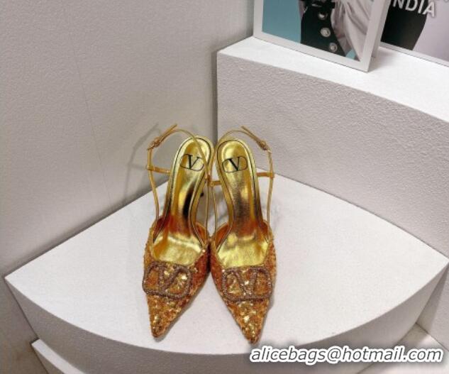 Top Quality Valentino Crystal VLogo Slingbacks Pumps in Shiny Sequins Gold 330065