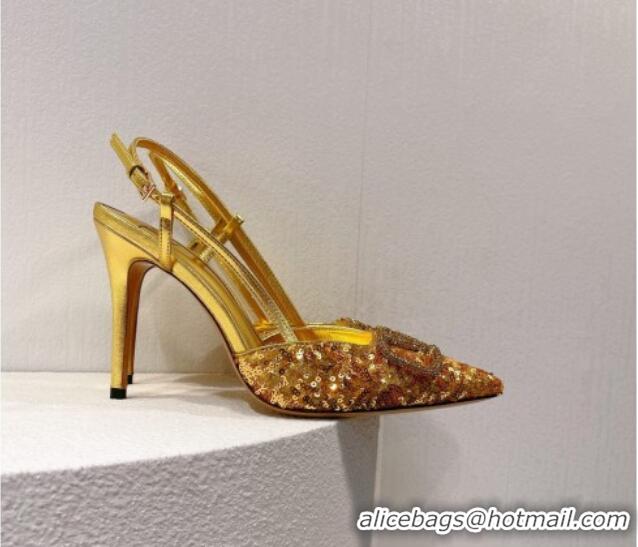 Top Quality Valentino Crystal VLogo Slingbacks Pumps in Shiny Sequins Gold 330065