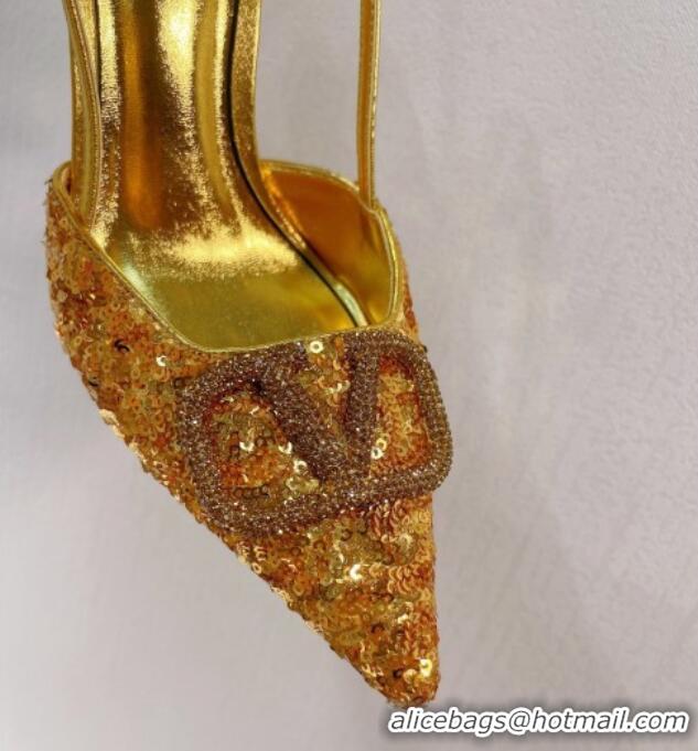 Top Quality Valentino Crystal VLogo Slingbacks Pumps in Shiny Sequins Gold 330065