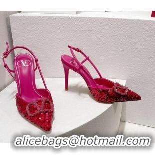 Super Quality Valentino Crystal VLogo Slingbacks Pumps in Shiny Sequins Dark Pink 330066