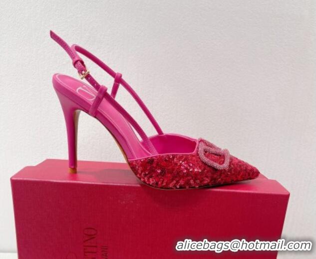 Super Quality Valentino Crystal VLogo Slingbacks Pumps in Shiny Sequins Dark Pink 330066