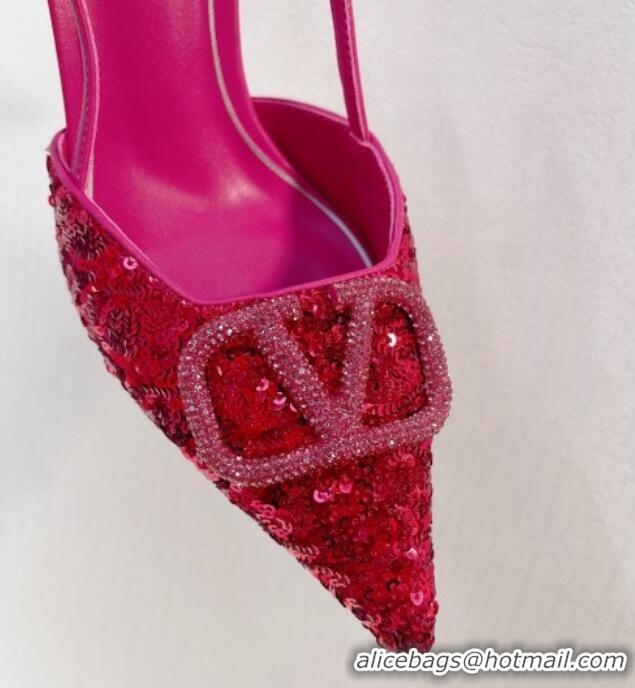 Super Quality Valentino Crystal VLogo Slingbacks Pumps in Shiny Sequins Dark Pink 330066