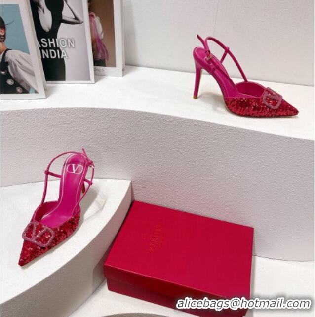 Super Quality Valentino Crystal VLogo Slingbacks Pumps in Shiny Sequins Dark Pink 330066