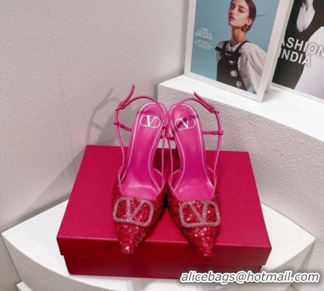 Super Quality Valentino Crystal VLogo Slingbacks Pumps in Shiny Sequins Dark Pink 330066