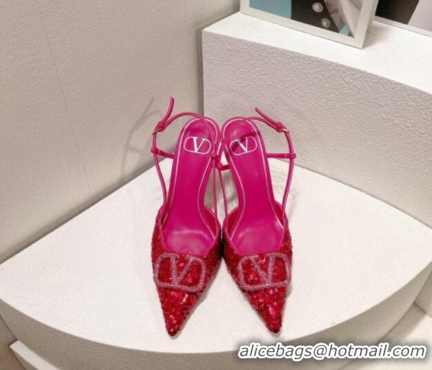 Super Quality Valentino Crystal VLogo Slingbacks Pumps in Shiny Sequins Dark Pink 330066