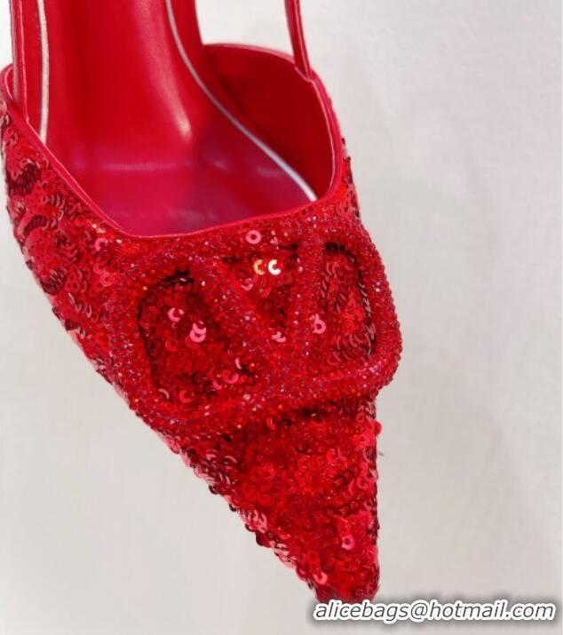 Perfect Valentino Crystal VLogo Slingbacks Pumps in Shiny Sequins Red 330067