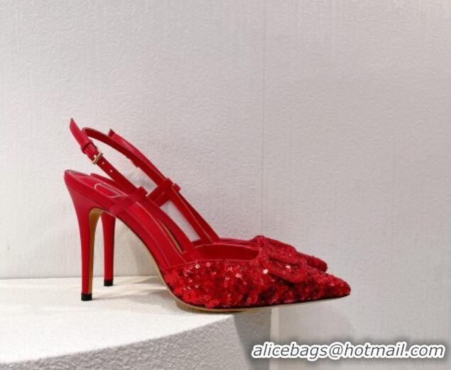 Perfect Valentino Crystal VLogo Slingbacks Pumps in Shiny Sequins Red 330067